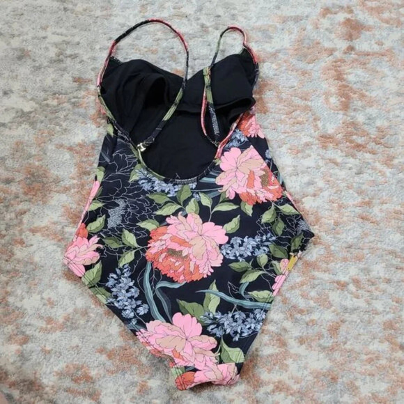 Eidon Black One Piece Swimsuit with Peony Pattern - Size Small - Picture 6 of 7